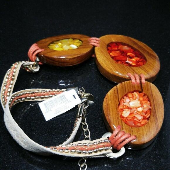 Chico's Wooden Clear Resin Leather Necklace, 25 Inches, New With Tags - Picture 4 of 8